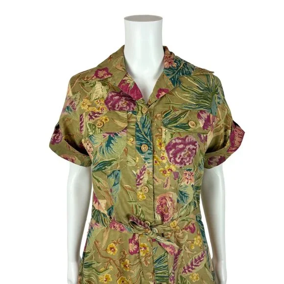Vintage 70s Safari Dress Women's Medium Olive Hibiscus Floral Tea Length